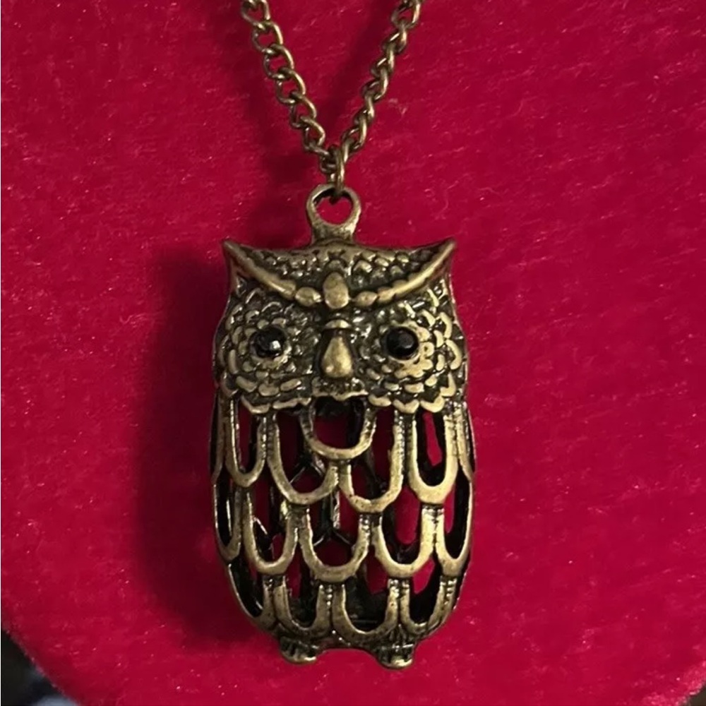 Owl Necklace, Goldtone with Black Stone Eyes Costume Jewelry, Material Unknown